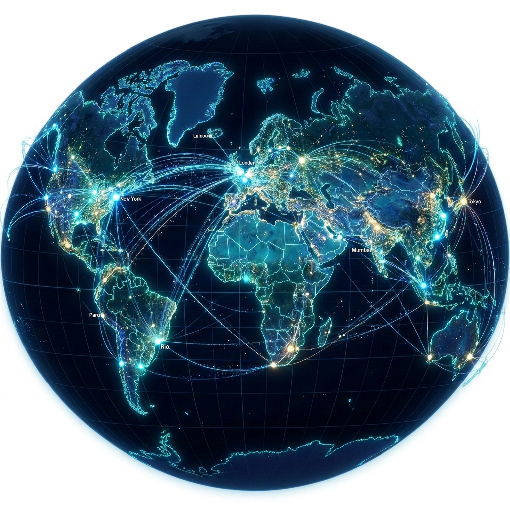 Global connectivity across major cities Glowing digital globe labeled New York, London, Tokyo, Mumbai, Para, and Rio